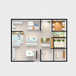 A detailed floor plan for a 50 square meter pharmacy, inclusive of various sections such as a spacious reception area with a modern counter, shelves lined with medical supplies and health products, a designated area for prescription medications, consultation rooms with comfortable seating and privacy features, and a waiting area with seating arrangements