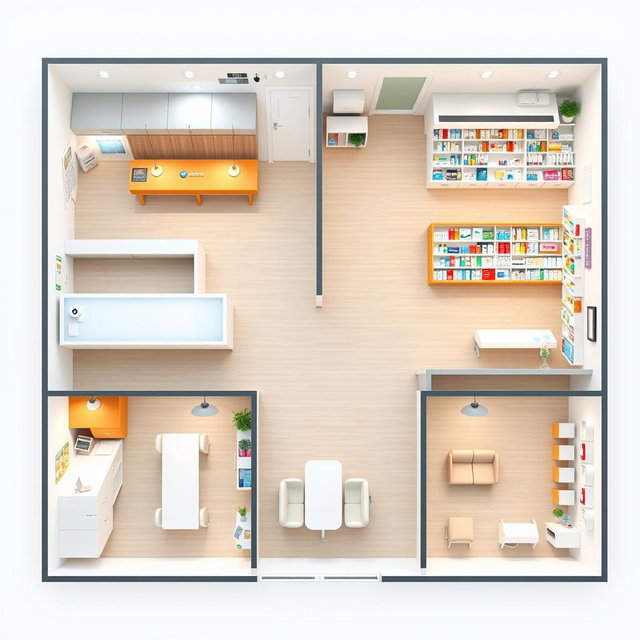 A detailed floor plan for a 50 square meter pharmacy, inclusive of various sections such as a spacious reception area with a modern counter, shelves lined with medical supplies and health products, a designated area for prescription medications, consultation rooms with comfortable seating and privacy features, and a waiting area with seating arrangements