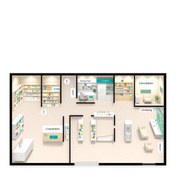 A detailed floor plan for a 50 square meter pharmacy, inclusive of various sections such as a spacious reception area with a modern counter, shelves lined with medical supplies and health products, a designated area for prescription medications, consultation rooms with comfortable seating and privacy features, and a waiting area with seating arrangements
