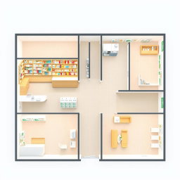 A detailed floor plan for a 50 square meter pharmacy, inclusive of various sections such as a spacious reception area with a modern counter, shelves lined with medical supplies and health products, a designated area for prescription medications, consultation rooms with comfortable seating and privacy features, and a waiting area with seating arrangements
