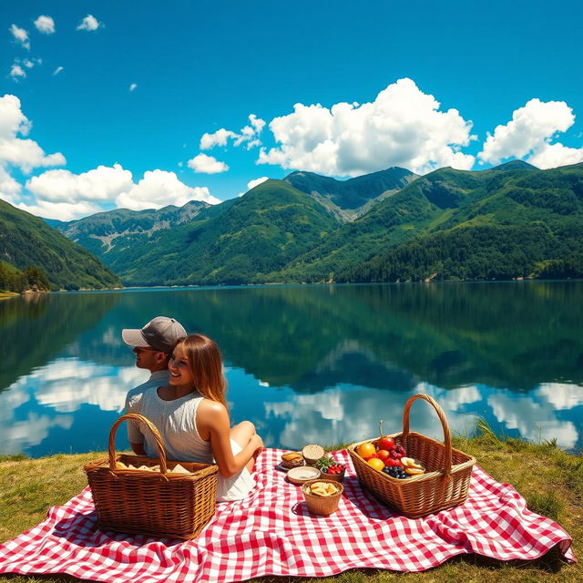 A scenic view of a serene lake, surrounded by lush green mountains under a vibrant blue sky with fluffy white clouds