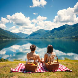 A scenic view of a serene lake, surrounded by lush green mountains under a vibrant blue sky with fluffy white clouds