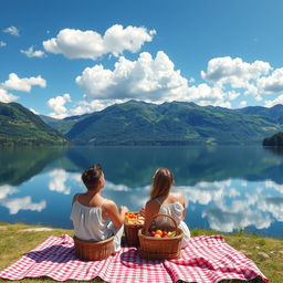 A scenic view of a serene lake, surrounded by lush green mountains under a vibrant blue sky with fluffy white clouds