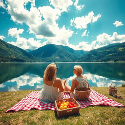 A scenic view of a serene lake, surrounded by lush green mountains under a vibrant blue sky with fluffy white clouds