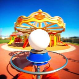 A whimsical scene depicting a simple metal merry-go-round seen from the perspective of someone sitting on it, spinning around