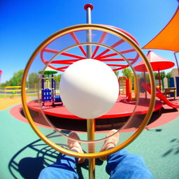 A whimsical scene depicting a simple metal merry-go-round seen from the perspective of someone sitting on it, spinning around