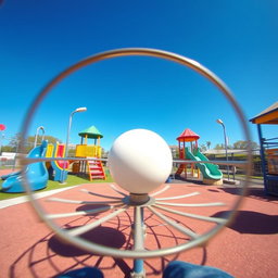 A whimsical scene depicting a simple metal merry-go-round seen from the perspective of someone sitting on it, spinning around
