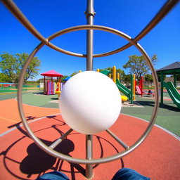 A whimsical scene depicting a simple metal merry-go-round seen from the perspective of someone sitting on it, spinning around