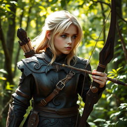 A fantasy-style young female blonde human ranger, dressed in intricately designed leather armor that blends seamlessly with the wild environment