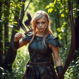 A fantasy-style young female blonde human ranger, dressed in intricately designed leather armor that blends seamlessly with the wild environment