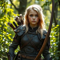 A fantasy-style young female blonde human ranger, dressed in intricately designed leather armor that blends seamlessly with the wild environment
