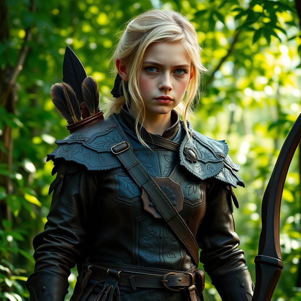 A fantasy-style young female blonde human ranger, dressed in intricately designed leather armor that blends seamlessly with the wild environment