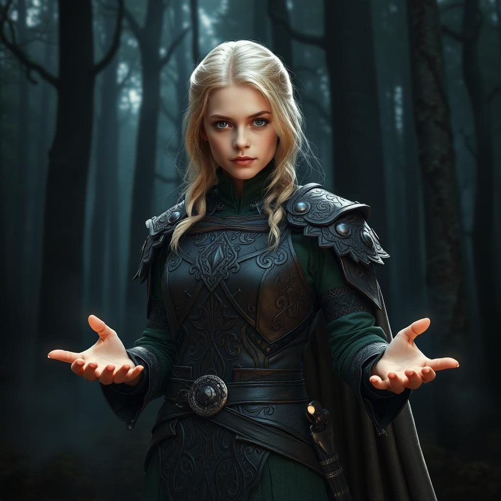 A fantasy-style young female blonde human, dressed in intricately designed leather armor that blends seamlessly with the dark forest