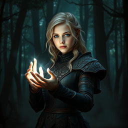 A fantasy-style young female blonde human, dressed in intricately designed leather armor that blends seamlessly with the dark forest