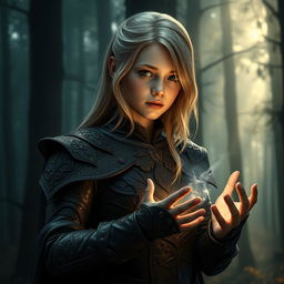 A fantasy-style young female blonde human, dressed in intricately designed leather armor that blends seamlessly with the dark forest