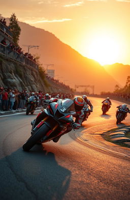 A high-octane racing scene showcasing a thrilling motorcycle race on a winding mountain road