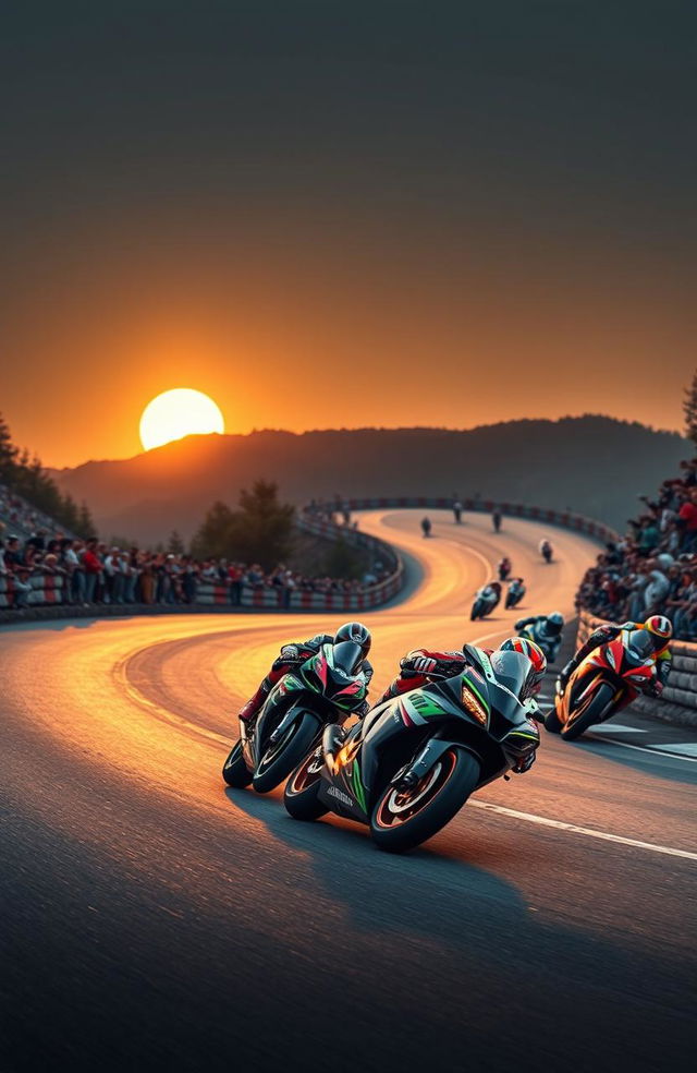 A high-octane racing scene showcasing a thrilling motorcycle race on a winding mountain road