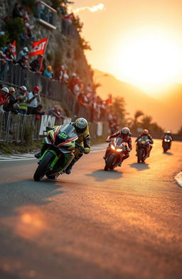 A high-octane racing scene showcasing a thrilling motorcycle race on a winding mountain road