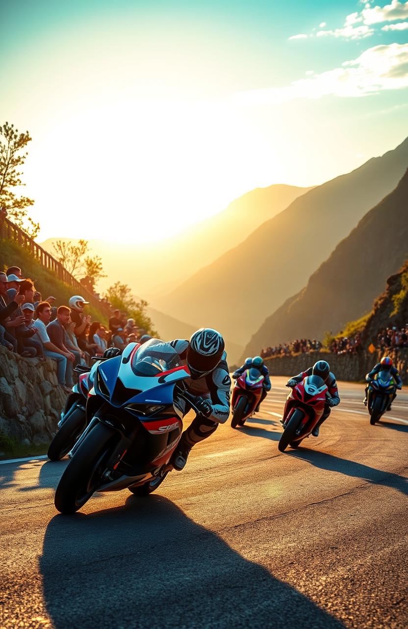 A high-octane racing scene showcasing a thrilling motorcycle race on a winding mountain road