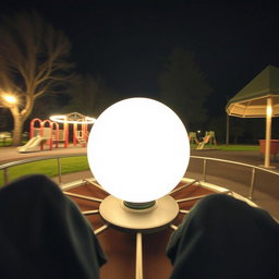 A night scene as seen from the perspective of someone sitting on a metal merry-go-round, capturing the feeling of spinning around
