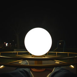 A night scene as seen from the perspective of someone sitting on a metal merry-go-round, capturing the feeling of spinning around