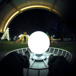 A night scene as seen from the perspective of someone sitting on a metal merry-go-round, capturing the feeling of spinning around