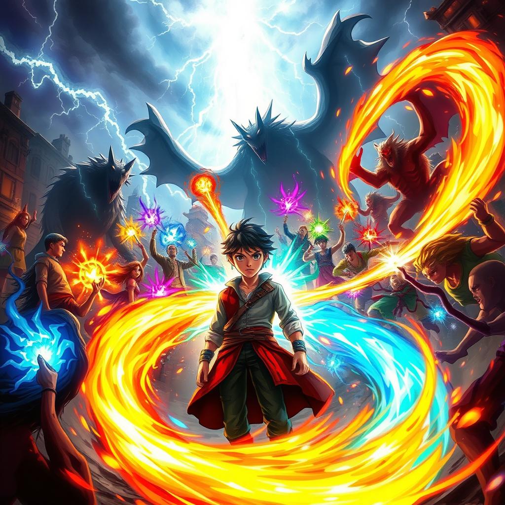 A compelling fantasy scene depicting Vincent, a determined protagonist with intense eyes, standing confidently at the center of a swirling chaos of vibrant magical energy