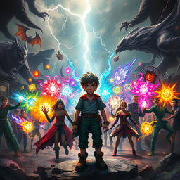 A compelling fantasy scene depicting Vincent, a determined protagonist with intense eyes, standing confidently at the center of a swirling chaos of vibrant magical energy