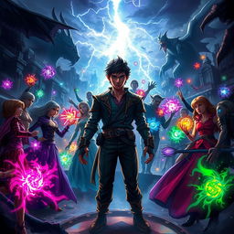 A compelling fantasy scene depicting Vincent, a determined protagonist with intense eyes, standing confidently at the center of a swirling chaos of vibrant magical energy