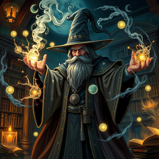 A powerful wizard casting an intricate spell, surrounded by mystical arcane symbols and glowing energy swirling around