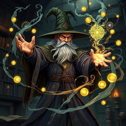 A powerful wizard casting an intricate spell, surrounded by mystical arcane symbols and glowing energy swirling around
