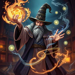 A powerful wizard casting an intricate spell, surrounded by mystical arcane symbols and glowing energy swirling around