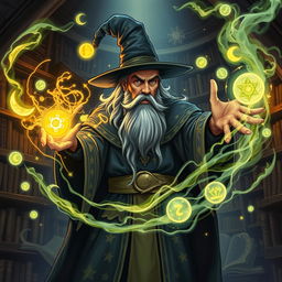 A powerful wizard casting an intricate spell, surrounded by mystical arcane symbols and glowing energy swirling around