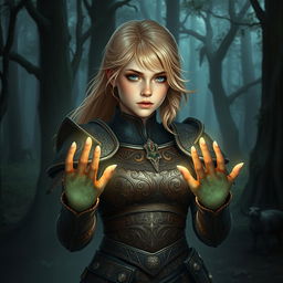 A fantasy art style young female blonde human, dressed in intricately designed leather armor that blends seamlessly with the dark forest