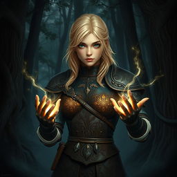 A fantasy art style young female blonde human, dressed in intricately designed leather armor that blends seamlessly with the dark forest