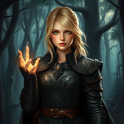 A fantasy art style young female blonde human, dressed in intricately designed leather armor that blends seamlessly with the dark forest
