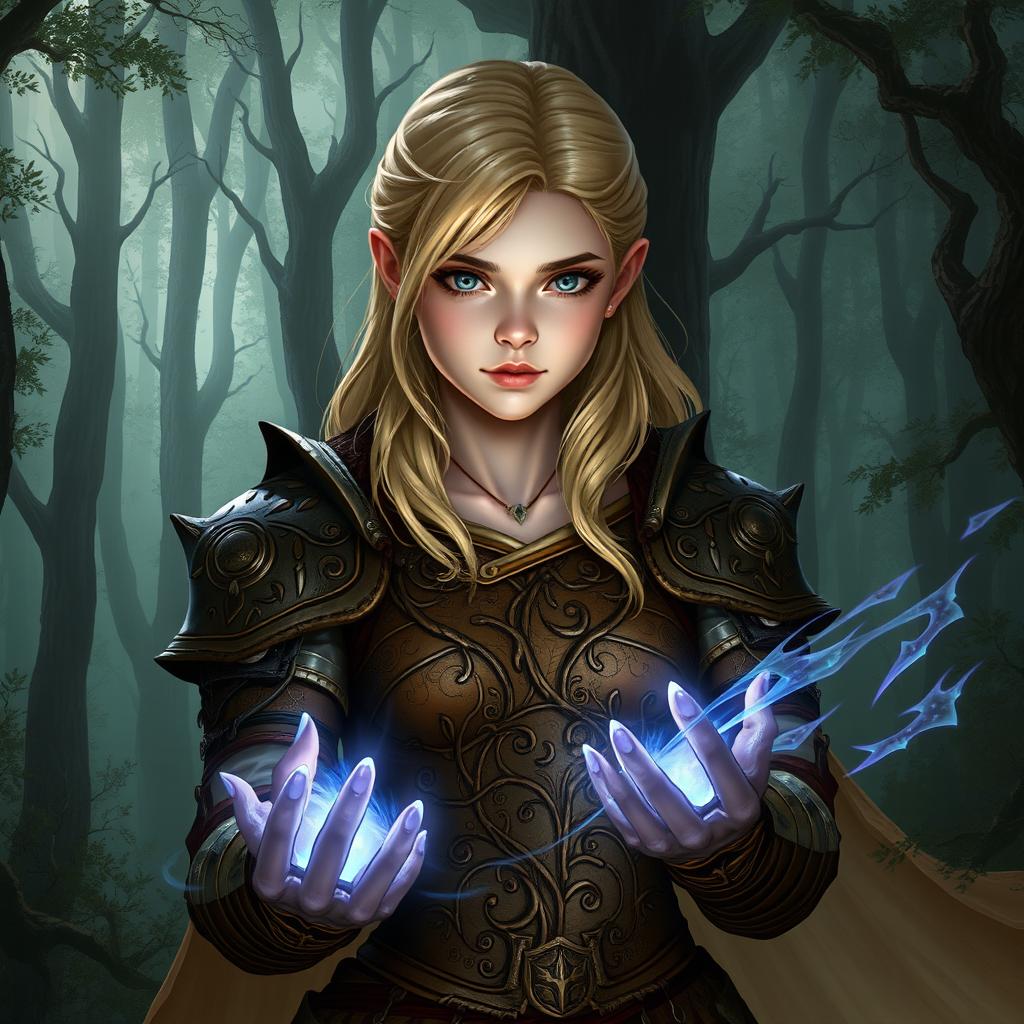 A fantasy art style young female blonde human, dressed in intricately designed leather armor that blends seamlessly with the dark forest