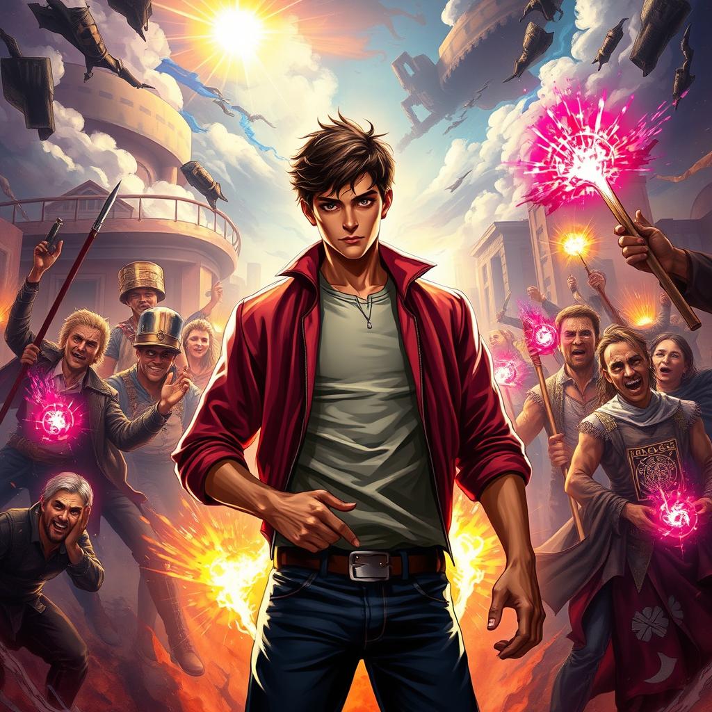 A dramatic scene depicting Vincent, a tall and handsome 20-year-old man with charming features and an intense expression, surrounded by chaos