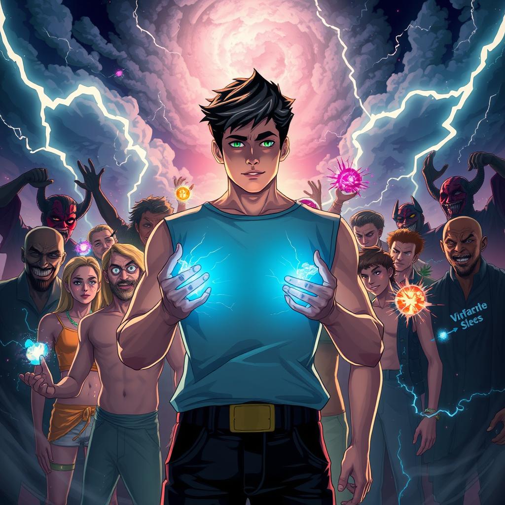 In a striking scene illustrating the story's theme, Vincent, a 20-year-old man with strikingly handsome features and an athletic build, stands confidently against a dramatically lit backdrop filled with swirling clouds and lightning strikes, symbolizing chaos unleashed by his wish