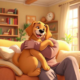 A warm and colorful Disney-style image depicting a happy dog being lovingly hugged by a caring person in a cozy home environment