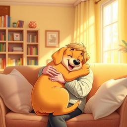 A warm and colorful Disney-style image depicting a happy dog being lovingly hugged by a caring person in a cozy home environment