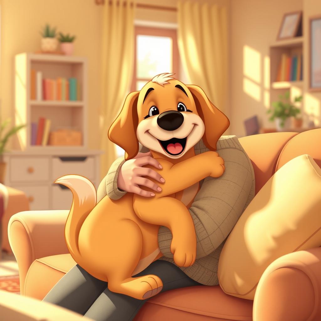 A warm and colorful Disney-style image depicting a happy dog being lovingly hugged by a caring person in a cozy home environment