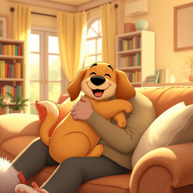 A warm and colorful Disney-style image depicting a happy dog being lovingly hugged by a caring person in a cozy home environment