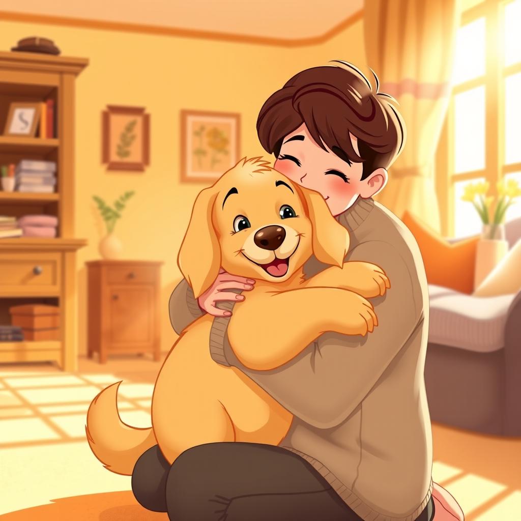 A warm and colorful Disney-style illustration of a happy dog being lovingly hugged by a caring person inside a cozy home