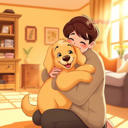 A warm and colorful Disney-style illustration of a happy dog being lovingly hugged by a caring person inside a cozy home