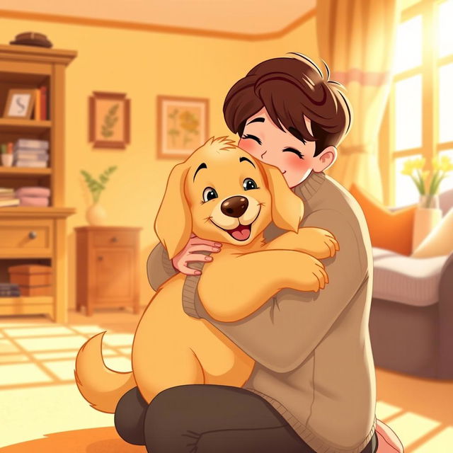 A warm and colorful Disney-style illustration of a happy dog being lovingly hugged by a caring person inside a cozy home