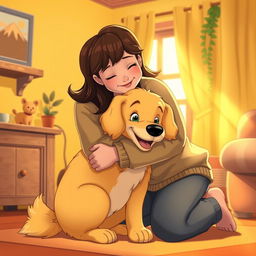 A warm and colorful Disney-style illustration of a happy dog being lovingly hugged by a caring person inside a cozy home