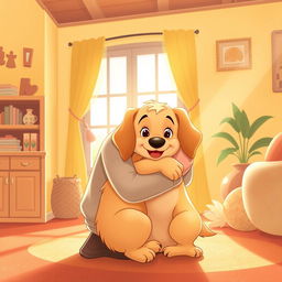 A warm and colorful Disney-style illustration of a happy dog being lovingly hugged by a caring person inside a cozy home