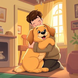 A warm and colorful Disney-style illustration of a happy dog being lovingly hugged by a caring person inside a cozy home
