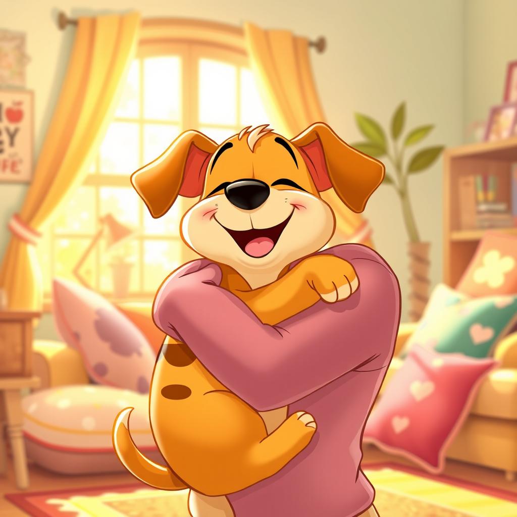 A warm and colorful Disney-style illustration of a happy dog being hugged by a loving person in a cozy home environment
